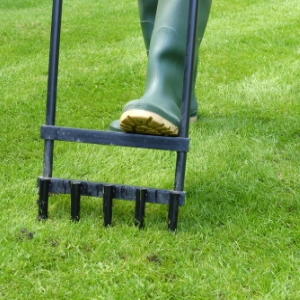 Monthly Landscaping Packages Woodstock GA - The Complete Guide to Monthly Landscaping Packages - a foot wearing a rubber boot using a black lawn aerator on the grass