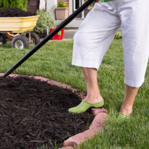 Woodstock landscape supplies - The Benefits of Mulch for Garden Beds - lower half of woman in white cropped pants applying dark shredded mulch on a garden bed
